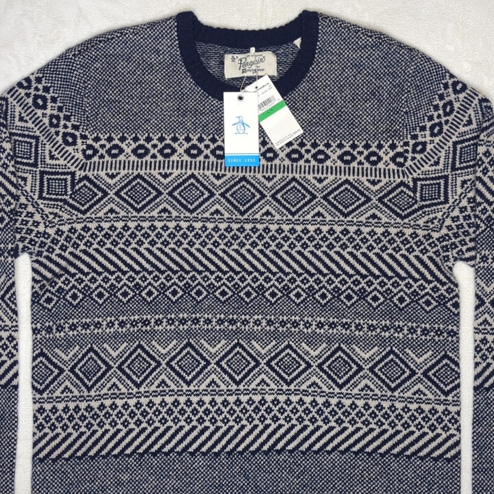 New Penguin‎ Munsingwear Blue Aztec Knit Pullover Lambswool Sweater Size Large